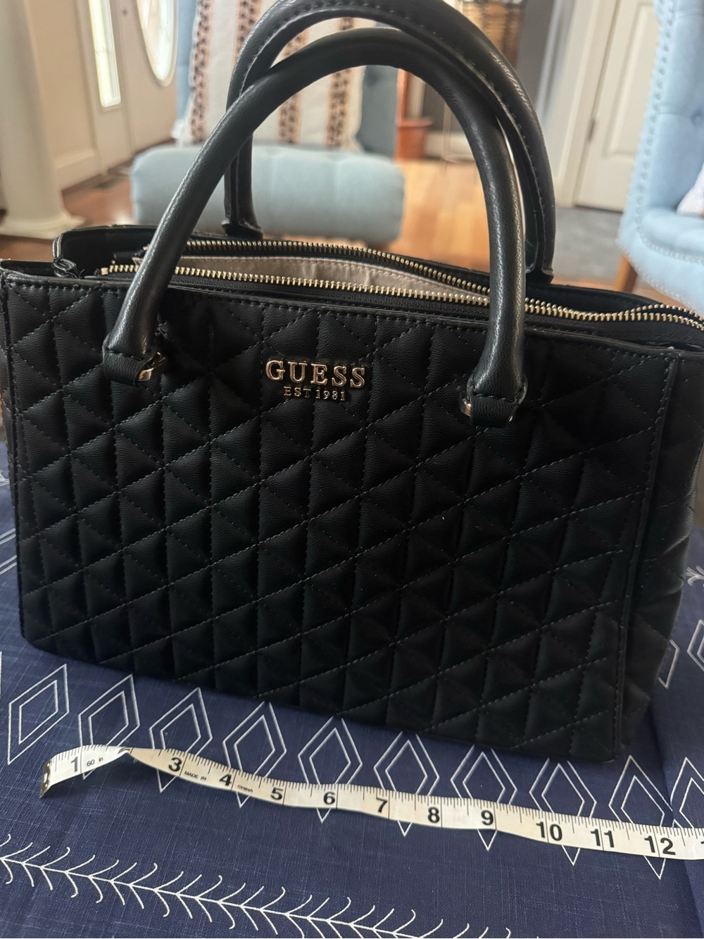 Guess Black Quilted Satchel with Gold Hardware